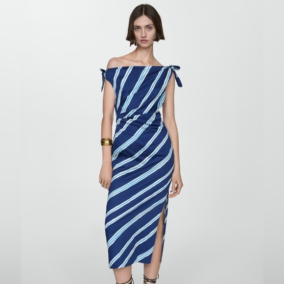 Mango Tie Shoulder 100% Cotton Striped Print Gathered Waist Side Slit Dress NWT - Picture 1 of 13